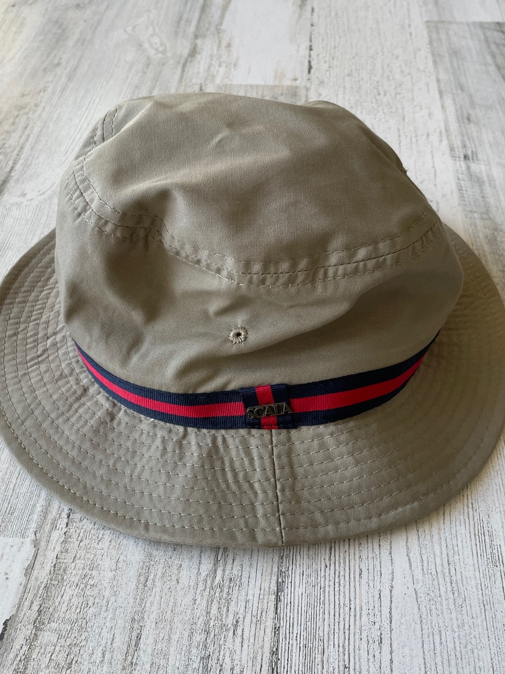 Scala Bucket Hat Beige with Navy & Red Stripe Didn’t Use